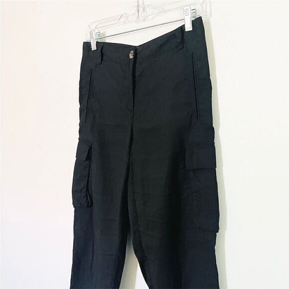 Theory Rich Black Linen Blend Tapered Cargo Style Cropped Pants - Picture 2 of 14